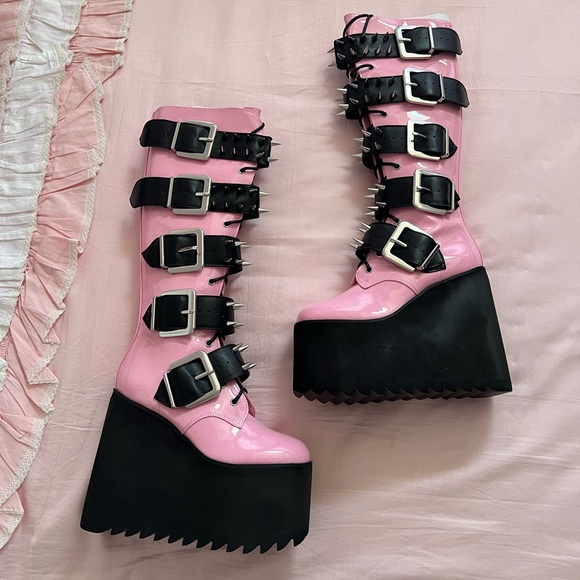 COPY - Dolls Kill Widow Pink and Black Spiked Platform Boots - Picture 2 of 5